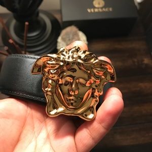 Versace belt gold Medusa buckle black leather